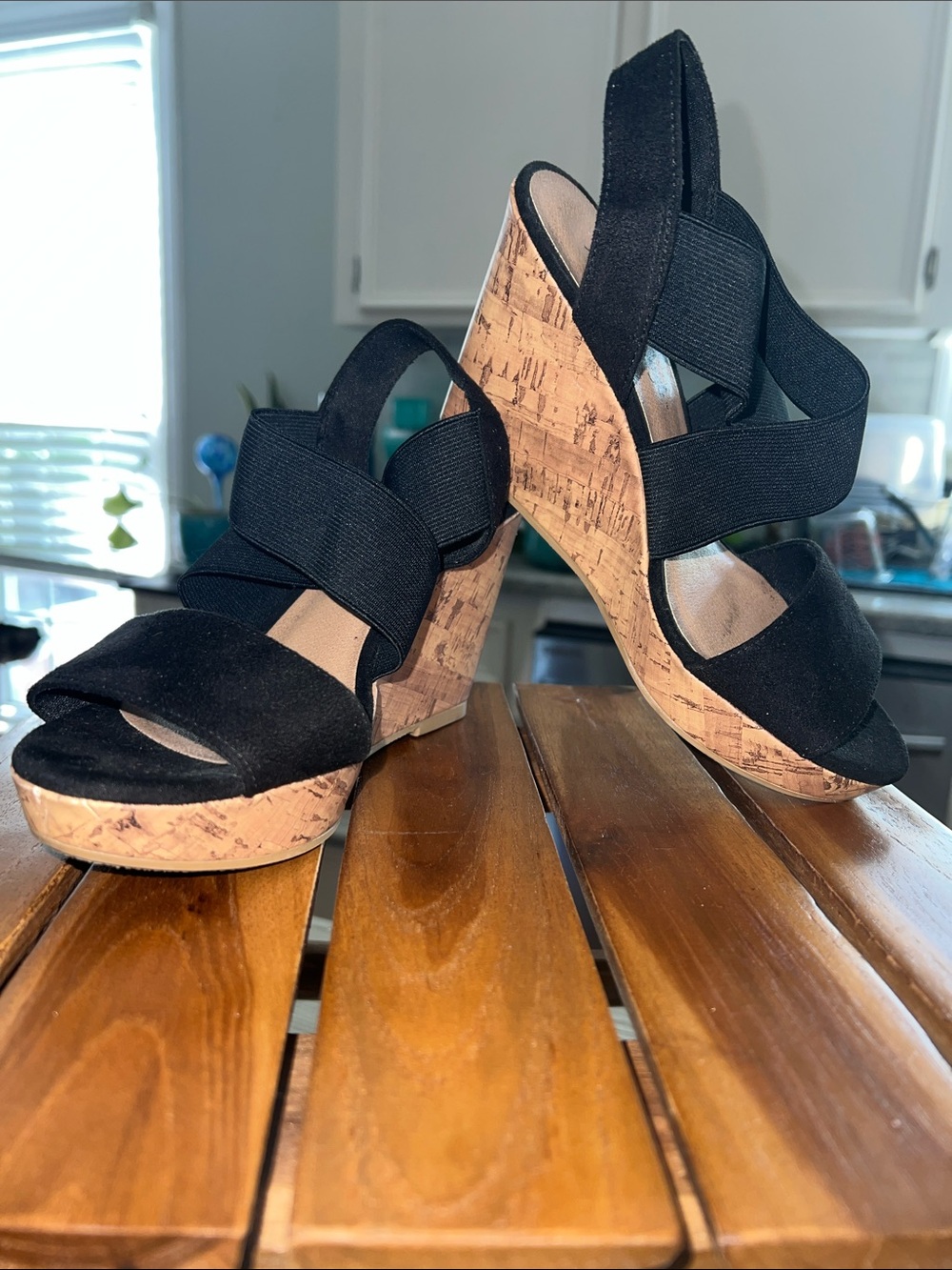 American Eagle Black Cork Platform Wedge Sandals with Elastic Straps size 5